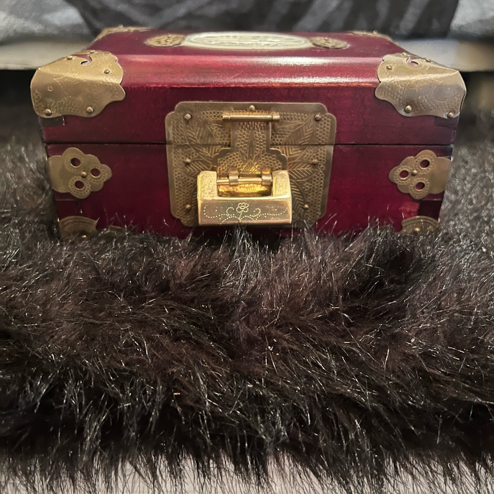 Vintage Wooden Chinese and Brass Jewelry Box with Gold Accents
